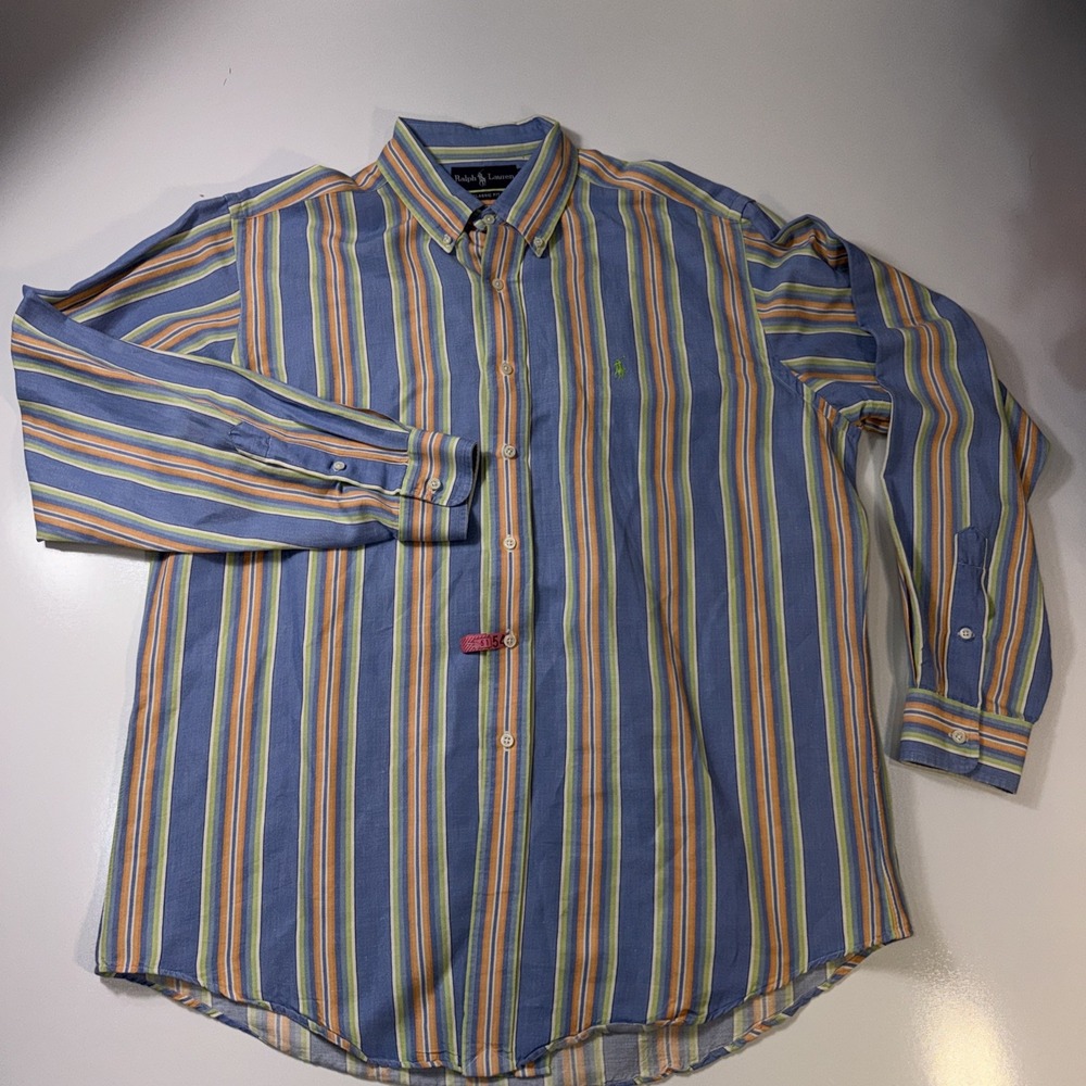 Ralph Lauren Dress Shirt Mens Large Striped‎ Classic Fit Rainbow Colorful Preppy
